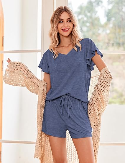 Ekouaer Women's Pajamas Set Ruffle Sleeves Sleepwear V Neck Comfy 2 Piece Pjs Loungewear Set with Pockets