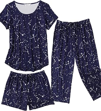Ekouaer 3 PCS Capri Pajamas for Women Set Short Sleeve Pajama Sets Floral Pj Sets Soft Sleepwear with Pockets