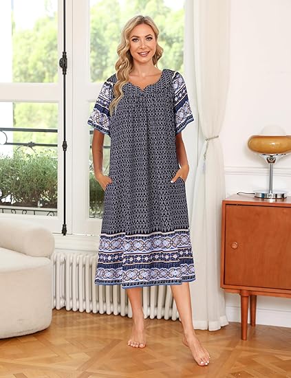 Ekouaer Womens Nightgown Short Sleeve House Dress with Pockets-Floral Print Mumu Dress