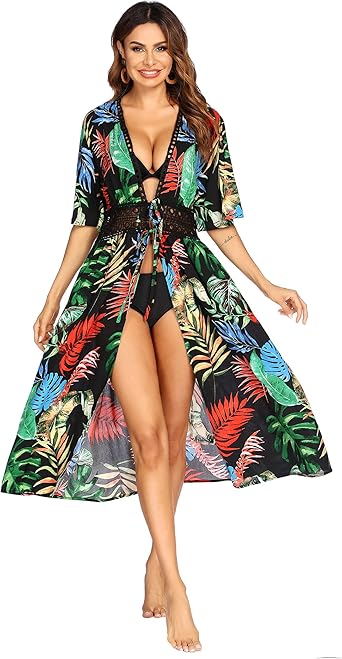 Ekouaer Women's Swimwear Cover Ups Open Front Beach Bikini Swimsuit Cardigan Cover Up Long Flowy Beachwear