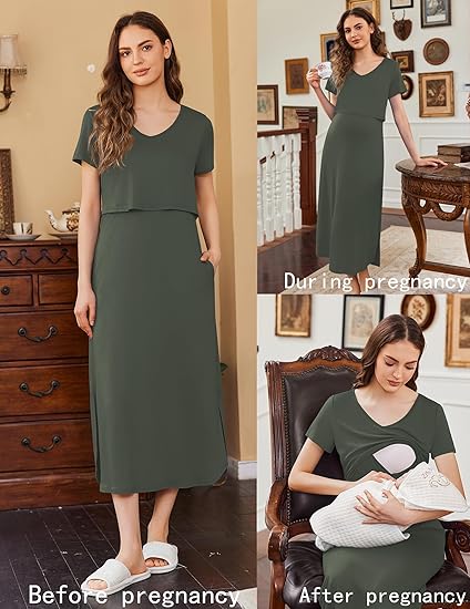 Ekouaer Women's Nursing Dress Summer V Neck Short Sleeve Maternity Split Long Dresses for Breastfeeding with Pockets