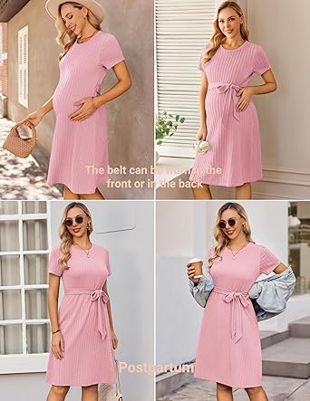 Ekouaer Women's Maternity Dress Short Sleeve Casual Pregnancy Dresses Rib Knit Crewneck Pregnant Clothes with Belt