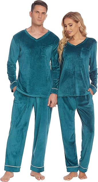 Ekouaer Couples Matching Pajamas Sets Velvet PJs Set for Men and Women Velour Long Sleeve Sleepwear