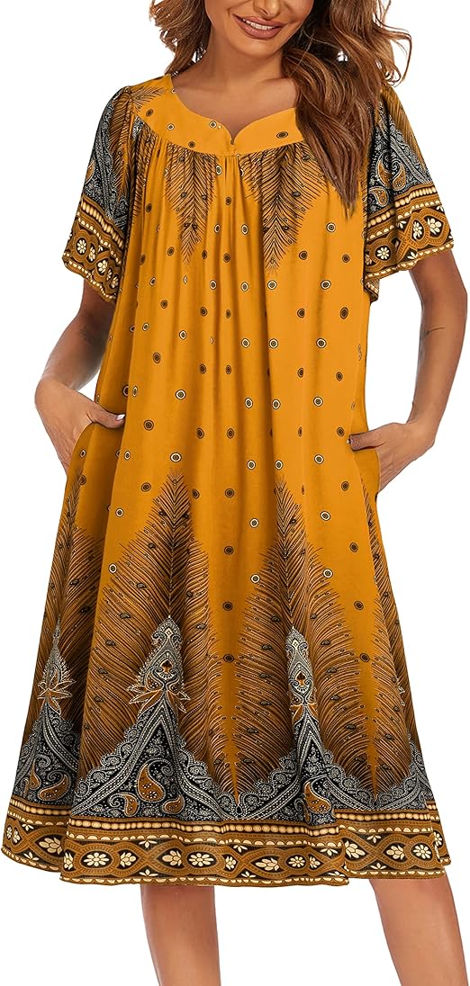 Ekouaer Womens Nightgown Short Sleeve House Dress with Pockets-Floral Print Mumu Dress