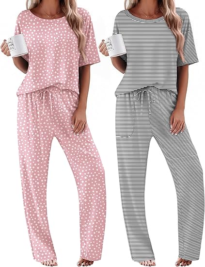 Ekouaer 2 Pack Womens Pajama Sets Short Sleeve Tops and Long Pants Casual Comfy Pjs Lounge Set with Pockets