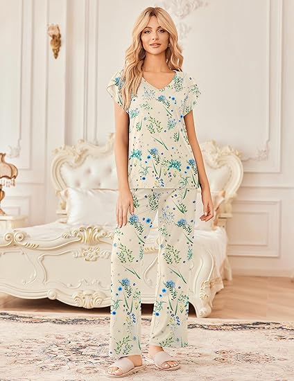 Ekouaer 2 Pack Womens Pajamas Short Sleeve Sleepwear Top with Pants Super-Soft Printed Lounge Sets
