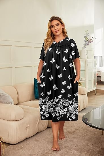Ekouaer Women's Relaxed-Fit Mumu Dress Short Sleeve House Dress Momo Sleepdress with Pockets