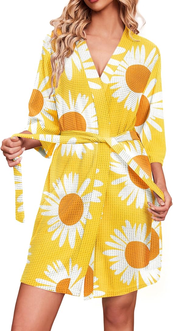 Ekouaer Robes for Women Waffle Knit Bathrobe Soft Lightweight Knee Length Loungewear