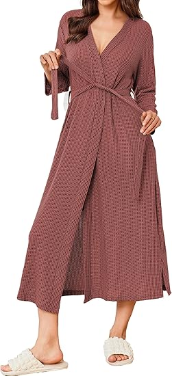 Ekouaer Women's Robe Long Waffle Knit Bathrobe Lightweight Soft Robes Loungewear Big Waffle-gray Purple M