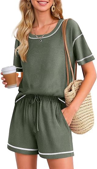 Ekouaer Women's Waffle Knit Two Piece Lounge Set, Soft Matching Outfits for Daily Wear, Casual Shorts Set with Pocket