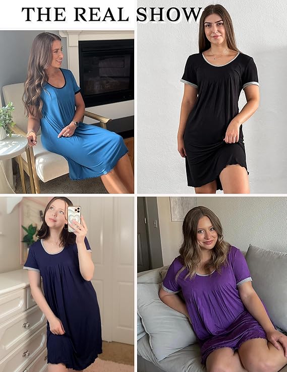 Ekouaer Women's Nightgown Short Sleeve Sleepwear Comfy Sleepshirts Pleated Scoopneck Nightshirt