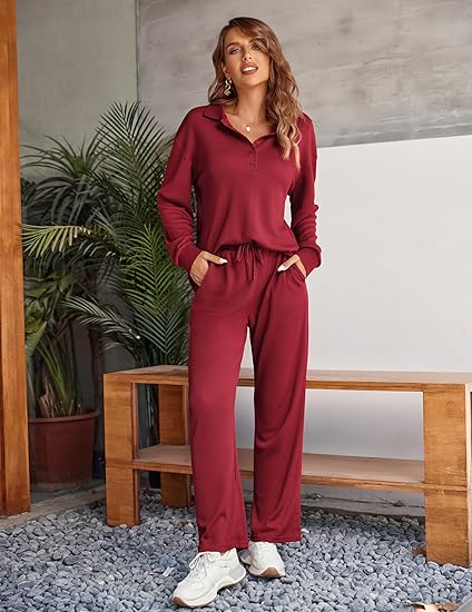 Ekouaer Womens 2 Piece Matching Lounge Sets Fall Outfits 2025 Sweatsuit Waffle Knit Pajamas Sets Long Sleeve Sweater Clothes