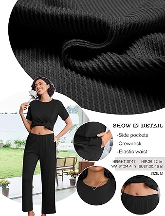 Ekouaer Lounge Sets for Women 2 Piece Matching Travel Outfits 2026 Loose Short Sleeve Top Wide Leg Pants Pockets
