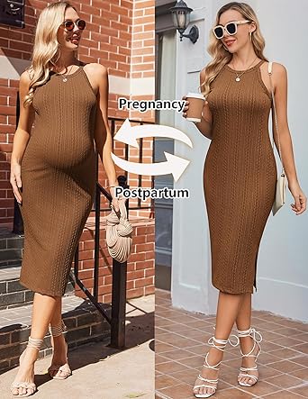 Ekouaer Maternity Dress Rib Knit Side Slit Stretchy Bodycon Pregnancy Dresses Halter Neck Sleeveless Pregnant Clothes