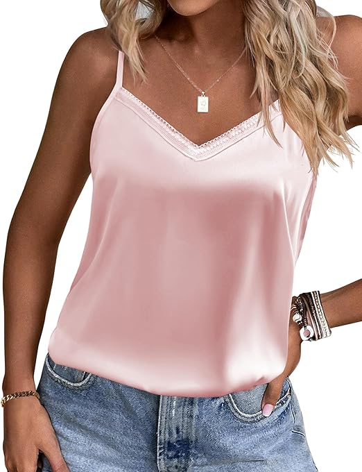 Ekouaer Women's Lace Silk Satin Pajama Tank Tops V Neck Camisole Soft Spaghetti Strap Tops Loose Sleepwear