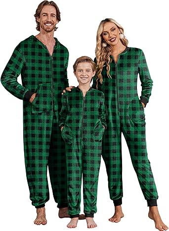 Ekouaer Christmas Onesie Matching Family Fleece Hooded One Piece Zipper Long Sleeve Pajamas with Pockets