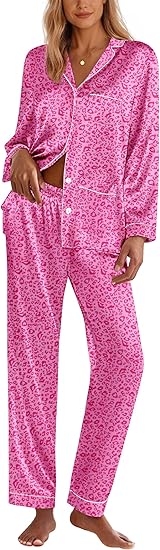 Ekouaer Silk Pajamas for Women Classic Button Down Satin Pajama Sets Long Sleeve Lounge Set
