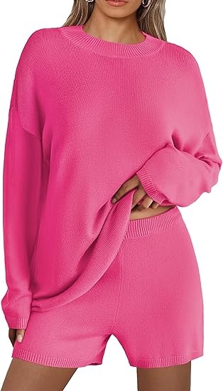 Ekouaer Pajamas Womens 2 Piece Lounge Set Cozy Knit Long Sleeve Sweater Shorts Set Oversized Matching Outfits