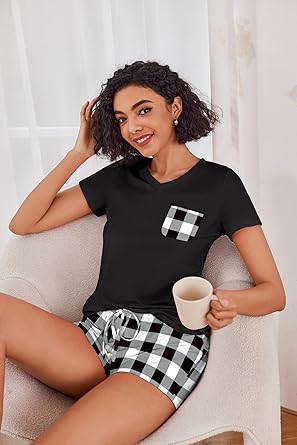 Ekouaer Womens Pajama Sets Short Sleeve Pajamas for Women Sets Soft Lounge Sets Casual V Neck Sleepwear PJS