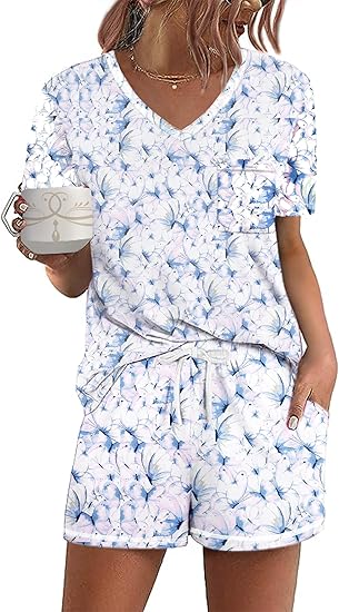Ekouaer Women's Pajamas Sets Short Sleeve Lounge Sets Sleepwear Casual Two Piece Pjs With Pockets