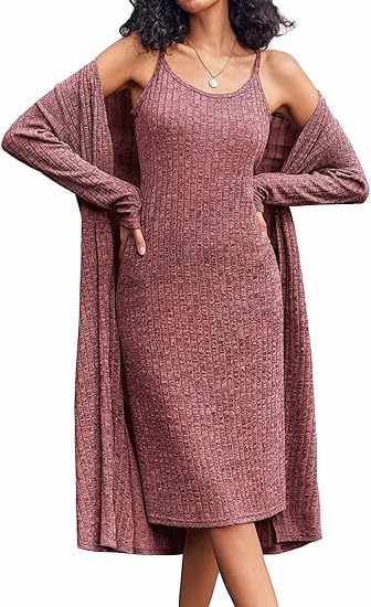 Ekouaer Womens Knit Robe Set 2 Piece Nightgown with Robes Long Sleeves Lounge Sets with Pockets