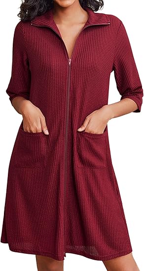 Ekouaer Zipper Robes for Women Waffle Knit Bathrobes Short Lightweight Knee Length Loungewear with Pockets
