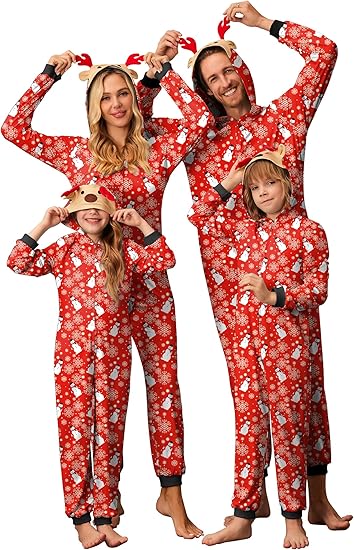 Ekouaer Christmas Onesie Matching Family Elk Antler Hooded Zipper One Piece Long Sleeve Pajamas with Pockets