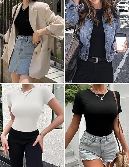 Ekouaer Womens Short Sleeve Shirts 3 Pack Crew Neck Tops Slim Fit Basic Tees Trendy Clothes Base Layer