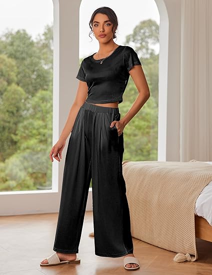 Ekouaer Women's 2 Piece Lounge Sets Short Sleeve Pajama Set Ribbed Knit Crop Top Wide Leg Pants Loungewear