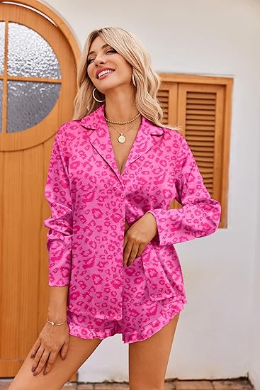 Ekouaer Womens Satin Pajama Sets Long Sleeve Top and Shorts Lounge Set Button Down Sleepwear