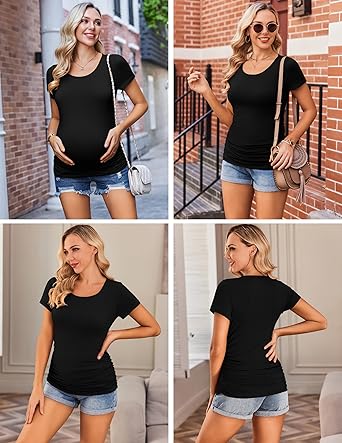 Ekouaer Womens Maternity Shirts 3 Packs Side Ruched Pregnancy Tee Top Casual Mama Clothes