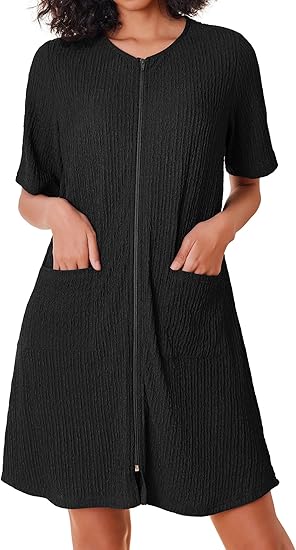 Ekouaer Women Zipper Robes Knit Short Bathrobe Lightweight House Coat with Pockets Soft Nightgown