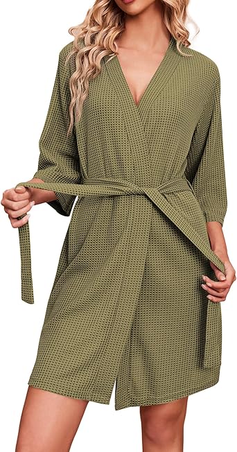 Ekouaer Robes for Women Waffle Knit Bathrobe Soft Lightweight Knee Length Loungewear
