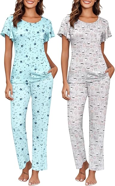 Ekouaer 2 Pack Womens Pajama Sets Short Sleeve with Long Pajama Pant Set Soft Sleepwear Printed Pj Lounge Sets with Pockets