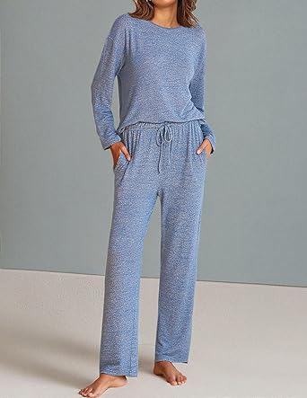 Ekouaer Pajama Set Womens Long Sleeve Sleepwear Pullover Top and Pants Cozy Loungewear Soft Pjs Lounge Set with Pockets