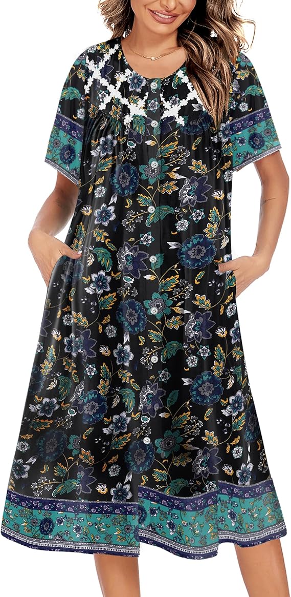 Ekouaer House Dress for Women Button Down Nightgown Short Sleeve Housecoat with pockets
