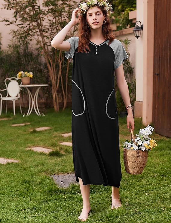 Ekouaer Long Nightgown Women's Loungewear Short Sleeve Sleepwear Full Length Sleep Shirt with Pockets