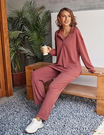 Ekouaer Womens 2 Piece Matching Lounge Sets Fall Outfits 2025 Sweatsuit Waffle Knit Pajamas Sets Long Sleeve Sweater Clothes