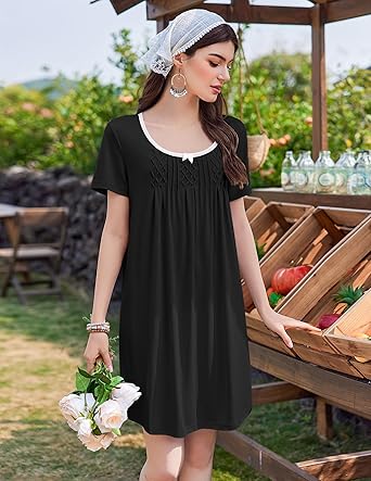 Ekouaer Nightgowns for Women Pleated Sleep Shirts Short Sleeve Night Shirts Lace Trim Night Gown Ladies Sleep Dress