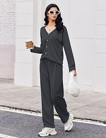 Ekouaer Womens Waffle Knit Pajamas Loungewear Two-piece Sleepwear Button-Down Pj Set with Pockets