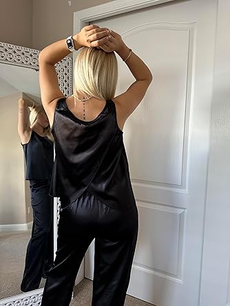 Ekouaer Womens Satin Pajamas Set Back Split Top and Long Pant Silk Pj Set Tank Sleepwear