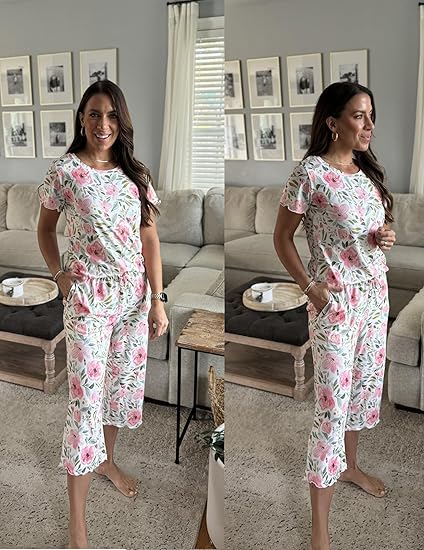 Ekouaer Capri Pajamas for Women Soft Pjs Set Short Sleeve Tee Top Loungewear Soft 2 Piece Sleepwear