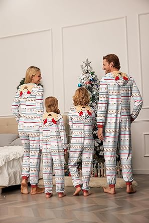 Ekouaer Christmas Onesie Matching Family Elk Antler Hooded Zipper One Piece Long Sleeve Pajamas with Pockets