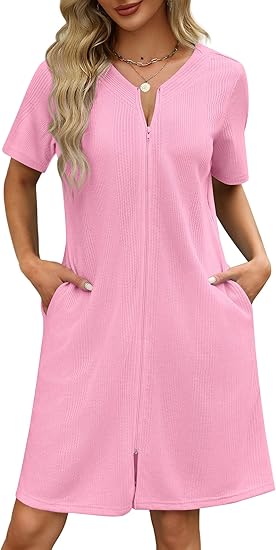 Ekouaer Women Zipper Robes Waffle Short Bathrobe Lightweight House Coat with Pockets Soft Nightgown