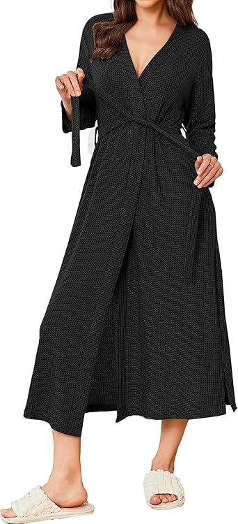 Ekouaer Women's Robe Long Waffle Knit Bathrobe Lightweight Soft Robes Loungewear