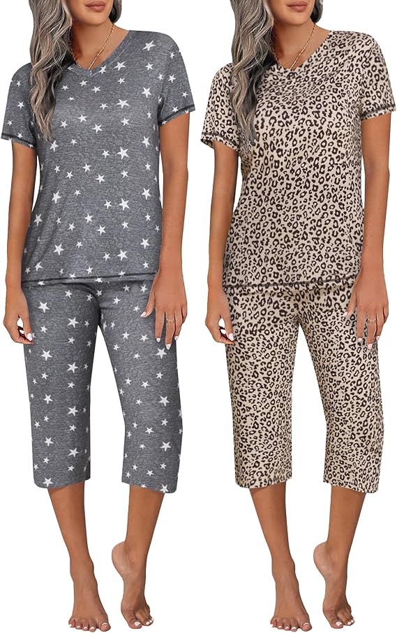 Ekouaer 2 Pack Women's Pajamas Short Sleeve Sleepwear Tops and Capri Pants Pjs