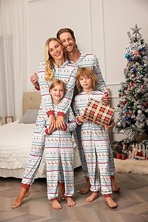 Ekouaer Christmas Onesie Matching Family Elk Antler Hooded Zipper One Piece Long Sleeve Pajamas with Pockets