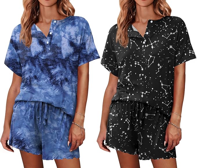 Ekouaer 2 Pack Womens Pajama Sets Short Sleeve Top with Shorts Soft Comfy Loungewear Sleepwear