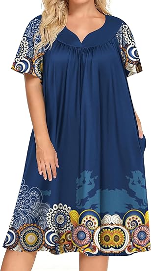 Ekouaer Women's Relaxed-Fit Mumu Dress Short Sleeve House Dress Momo Sleepdress with Pockets