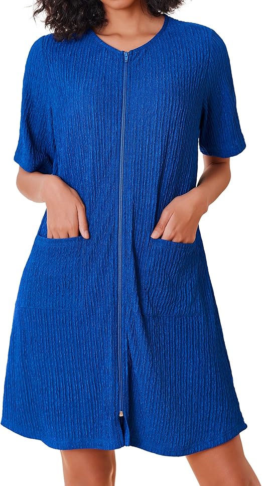 Ekouaer Women Zipper Robes Knit Short Bathrobe Lightweight House Coat with Pockets Soft Nightgown